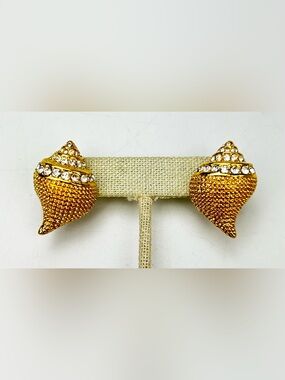 Vintage KJL Kenneth Jay Lane Gold Tone Rhinestone Shell Earrings
